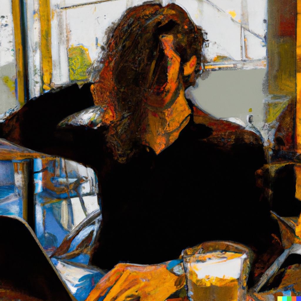 AI generated portait of a tall man with long brown hair at a cafe using DALLE 2
