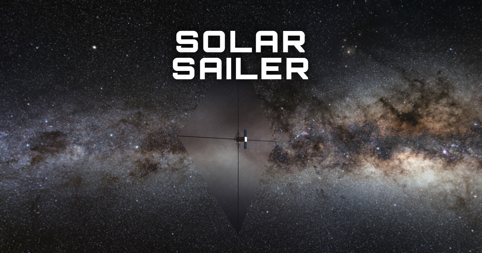 3D render of a basic solar sail spacecraft in space with the text Solar Sailer in white